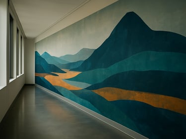 Wide environmental photograph of a large-scale wall mural installed in an interior corridor, sharp edge detail at the trim line, cool daylight from side windows