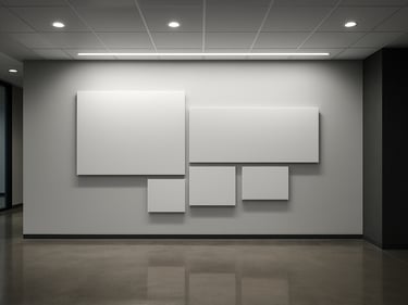 Wide-angle view of a branded corporate lobby installation with precision-cut signage panels, cool white overhead lighting, polished concrete floor