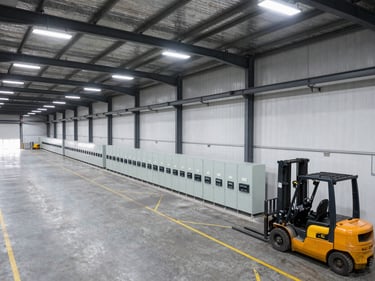 Panoramic overhead of a large logistics warehouse interior with high-bay LED lighting, electrical distribution panels visible along the side wall, forklift lanes marked on floor, no people