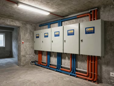 Wide-angle view of a residential condominium electrical room with organized panel boards and conduit bundles mounted to concrete wall under fluorescent ceiling light, no people