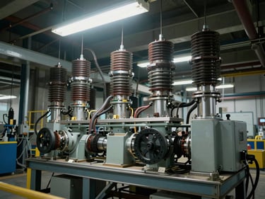 Close-up overhead of industrial plant floor showing heavy machinery and electrical cable trays under harsh warehouse fluorescent light, no people