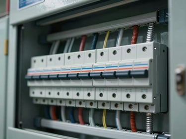 Close-up framing of a commercial building electrical distribution board with organized breakers and labeled circuits under cool overhead lighting, no people