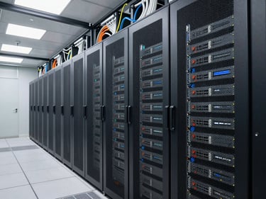 Wide environmental shot of a data center server row with structured cable management overhead and cold-aisle containment under bright controlled white lighting, no people