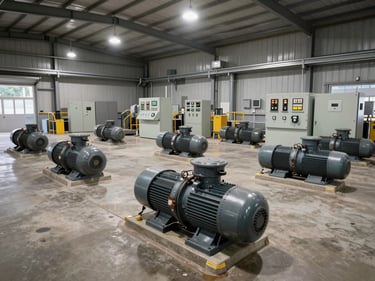 Wide overhead shot of an agribusiness facility with large electric motor pump stations and control panels in a processing shed, harsh industrial overhead lighting, no people