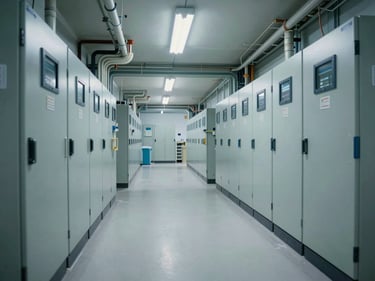 Wide-angle corridor of a hospital technical room with organized electrical panels and conduit runs under cool clinical fluorescent overhead lighting, no people