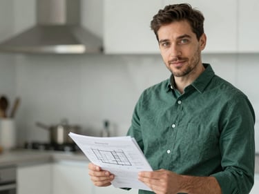 A professional portrait of a foodservice consultant reviewing a set of architectural kitchen plans and spreadsheets. The person looks confident and trustworthy. The image features a clean, professional aesthetic with a blurred background and a color palette including #1C382A and #5E8C78.