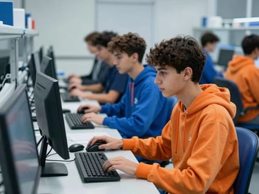 Jovens adultos em laboratório de informática com computadores modernos, focados em aprender, luz natural, estilo autêntico editorial, tons azuis e laranjas