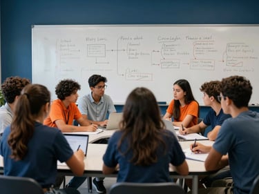 Grupo de alunos em sala de aula interativa, debatendo um projeto de negócios, com quadro branco e anotações, atmosfera colaborativa, luz natural, estilo autêntico editorial