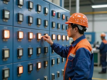 Trabalhador industrial experiente em ambiente de fábrica, capacete e colete, olhando para um painel de controle, luz industrial, estilo autêntico editorial, tons azuis e laranjas