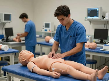 Aluno em aula prática de primeiros socorros ou enfermagem, com manequim e equipamentos básicos, foco na ação, ambiente de simulação clínica, luz suave, estilo autêntico editorial