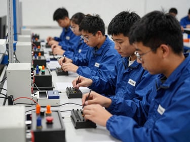Alunos em aula prática de eletrônica ou mecânica, com ferramentas e componentes, mãos em destaque, ambiente de oficina industrial, iluminação clara, estilo autêntico editorial