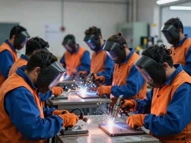 Grupo de alunos em aula prática de soldagem, equipamentos de proteção, faíscas controladas, luz de oficina, estilo autêntico editorial, tons azuis e laranjas