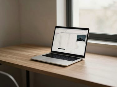 Clean, organized desk with a laptop displaying a project dashboard, warm light from a window, minimalist aesthetic