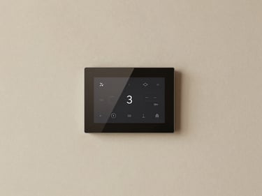 Abstract representation of a smart home interface seamlessly integrated into a minimalist wall, subtle digital elements
