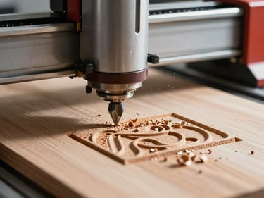 CNC router carving a relief pattern into hardwood, router bit close-up, fine wood chips in the air, cool steel machine body in the background, natural north-facing daylight
