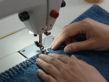 Close-up overhead of hands guiding fabric under an industrial sewing machine needle, natural light from the left, thread tension visible, raw denim material