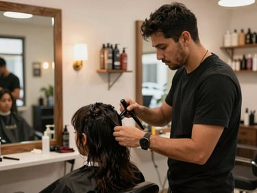 Interior of a Latin American hair salon, a stylist working on a client's hair under warm salon lighting, mirrors and product shelves visible in the background, natural light from a front window