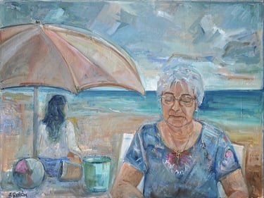 Mari Luz en la playa, óleo del artista Argi Girón. Portrait, beach, oil, artist, painter