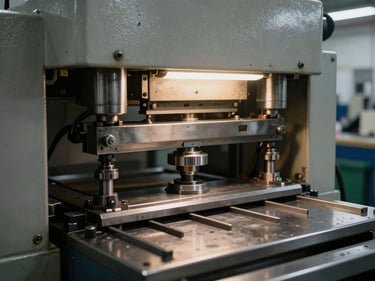 Detail shot of industrial manufacturing assembly line with metal press equipment under tungsten factory lighting, safety guard covers visible, machinery in operation