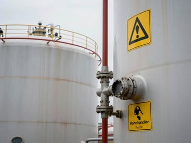 Close-up of industrial chemical storage tanks with hazard labeling and piping connections, natural overcast exterior light, no personnel, technical detail focus