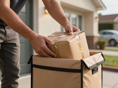 Hands carefully placing a sealed parcel into a delivery bag on a doorstep in a Tanger residential neighborhood, warm afternoon light on the facade