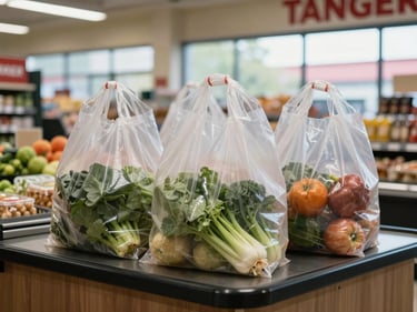 Supermarket grocery bags packed and ready on a checkout counter, fresh produce and packaged goods visible, natural daylight through store windows in Tanger