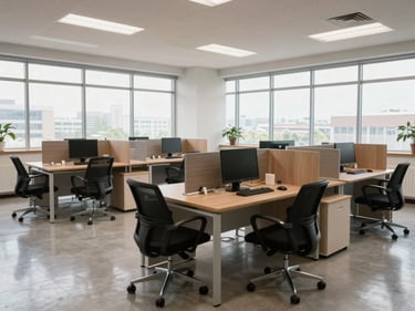 Wide shot of a tidy commercial office space, desks clear, floors polished, chairs aligned, daylight from large windows, no staff present