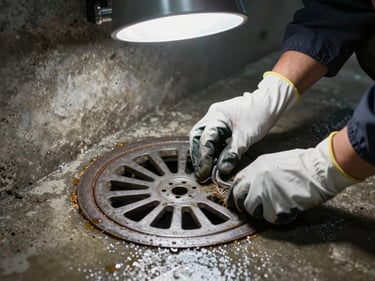 Close-up of a drain cover being cleared by a gloved technician in workwear, wet concrete surround, clinical overhead light, task in progress