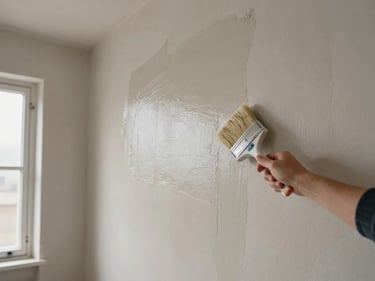 Wide brush applying a warm greige wall paint in smooth horizontal strokes inside a bare plaster room, overcast daylight from a single window, paint sheen visible on the fresh coat