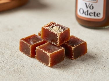 Clean product shot of Vó Odete colonial sweets on a light concrete surface, warm traditional recipe vibe.