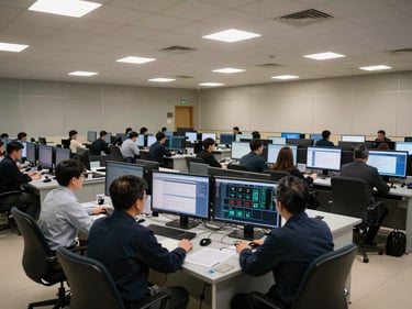 Wide shot of a government operations center, analysts seated at workstations with classified-looking system screens under controlled overhead lighting, structured desk arrangement showing institutional scale, no identifying signage