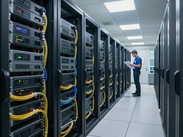 Wide shot of a hospital data center corridor with rack-mounted servers under cool fluorescent lighting, cables organized in structured runs, a technician in the background reviewing printed documentation, no patient areas visible