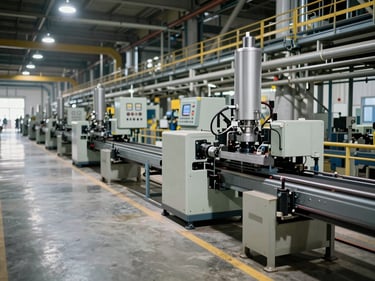 Environmental photograph of an industrial manufacturing plant floor, automated assembly equipment and conveyor systems under overhead industrial lighting, control panels visible in the mid-ground, wide angle showing operational scale