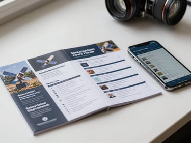Close-up overhead shot of a spread of satellite radio subscription plan brochures and a smartphone showing a pricing comparison screen on a clean white desk, natural daylight from the left