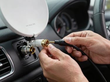 Technician hands connecting a satellite radio antenna connector to a vehicle dashboard port in close detail, clean studio lighting highlighting the cable and port, car interior visible in background