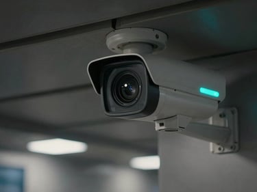 Tight shot of a security camera mounted on a dark industrial ceiling, lens facing downward, cyan status LED glowing on housing, facility corridor visible below with night-time lighting