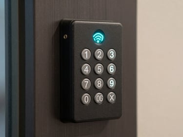 Close-up of an access control keypad reader with RFID indicator light active in cyan, mounted on a dark brushed-metal door frame, shallow depth of field
