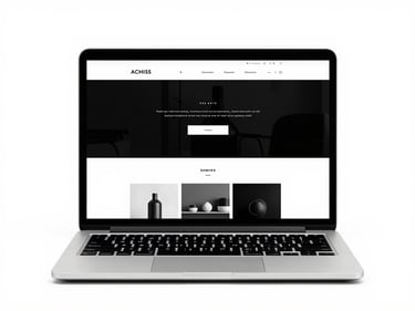Modern workspace environment, clean centered composition of a laptop displaying a minimalist website design, stark black and white tones, crisp daylight, 50mm lens