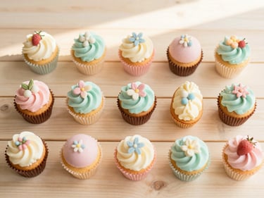 top-down flat lay of colorful pastel desserts, e.g., cupcakes and pastries, arranged artfully on a sunlit wooden table, soft morning light, warm cream and pastel tones, shallow depth of field
