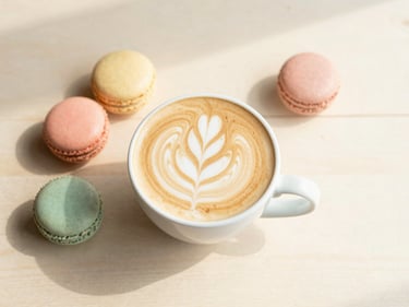 top-down flat lay of a latte with delicate latte art and colorful macarons on a sunlit wooden table, soft morning light, warm cream and pastel tones, shallow depth of field