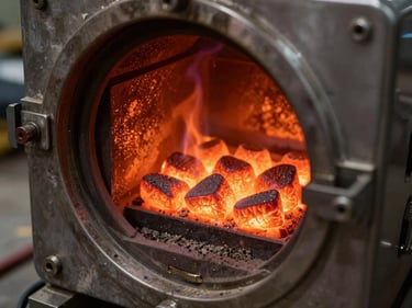 Close-up of a biomass pellet burner interior glowing with active combustion, thermal orange and deep red flame visible through the burner inspection port, industrial steel housing in the foreground