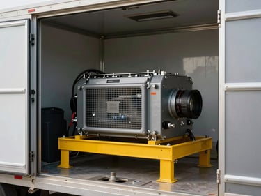 Alternator unit mounted inside a mobile power trailer enclosure, industrial yellow paint visible on frame, harsh ambient light through open panel door, no people
