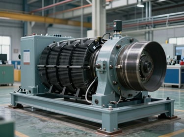 Synchronous alternator mounted on industrial base-frame inside a manufacturing plant, wide ambient light, steel floor and structural columns in background, no people
