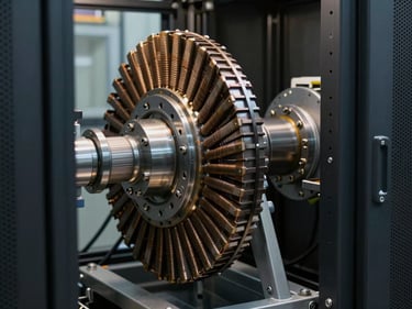 Alternator rotor assembly in a clean server-room adjacent generator enclosure, controlled lighting, technical detail of winding visible, no people, neutral background
