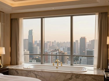 Ultra luxury hotel suite with panoramic city views, champagne gold accents, and marble bath