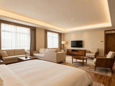 Spacious family hotel suite with interconnected rooms, elegant seating area, and bright lighting