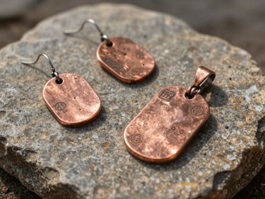 Copper earrings and a pendant arranged on a rough stone surface, warm directional daylight from the left, visible maker's marks and slight surface irregularities