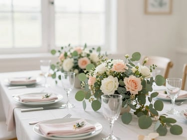Close-up of a baby shower tablescape with delicate floral arrangements, eucalyptus leaves, and pastel tableware, bright window light.