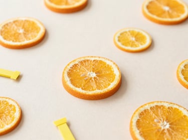 Flat-lay of a baby shower theme with citrus slices, orange and yellow decor, and small party favors, clean background.