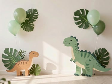 Playful dinosaur themed birthday party decor with muted greens and browns, jungle leaves, natural light, clean composition, soft shadows